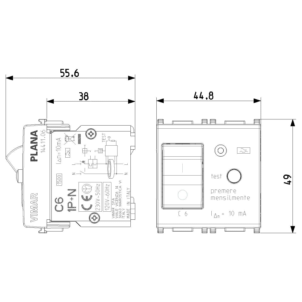 Vimar Plana 1P+N RCBO Breaker, 120-230V, IP40, Built-In, 2 Modules — Quality Boat Parts