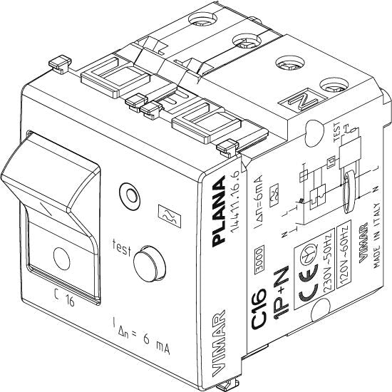Vimar Plana 1P+N RCBO Breaker, 120-230V, IP40, Built-In, 2 Modules — Quality Boat Parts