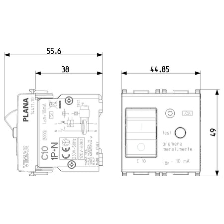 Vimar Plana 1P+N RCBO Breaker, 120-230V, IP40, Built-In, 2 Modules — Quality Boat Parts