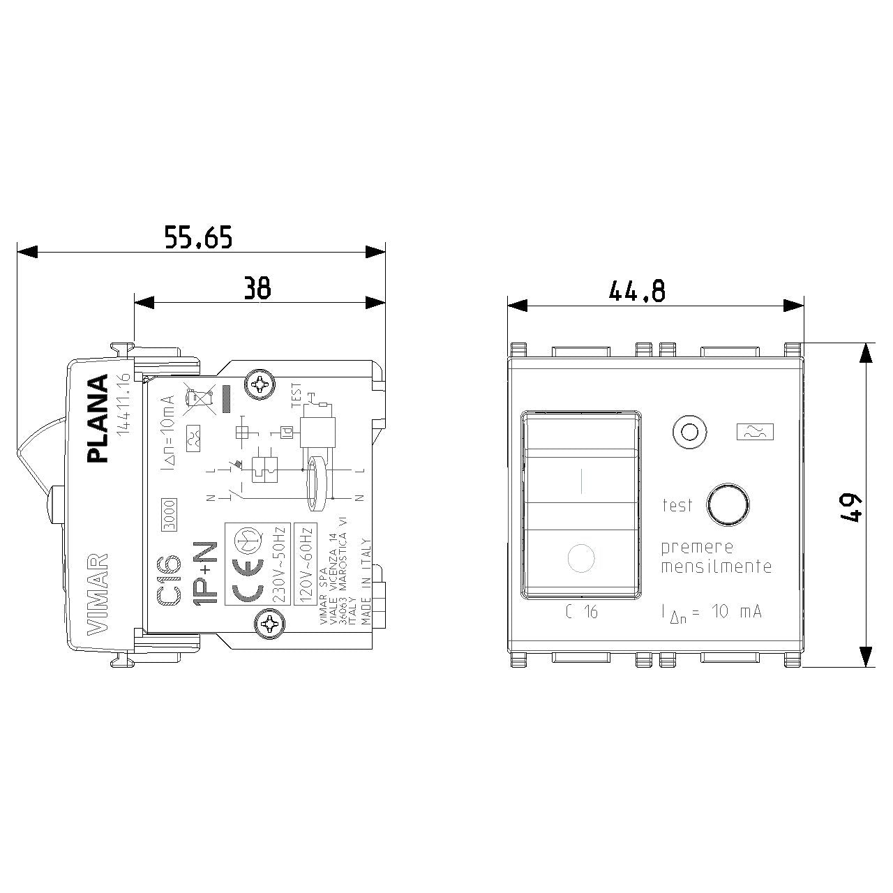 Vimar Plana 1P+N RCBO Breaker, 120-230V, IP40, Built-In, 2 Modules — Quality Boat Parts