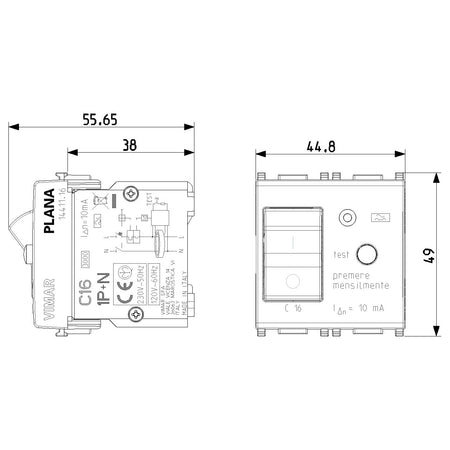 Vimar Plana 1P+N RCBO Breaker, 120-230V, IP40, Built-In, 2 Modules — Quality Boat Parts