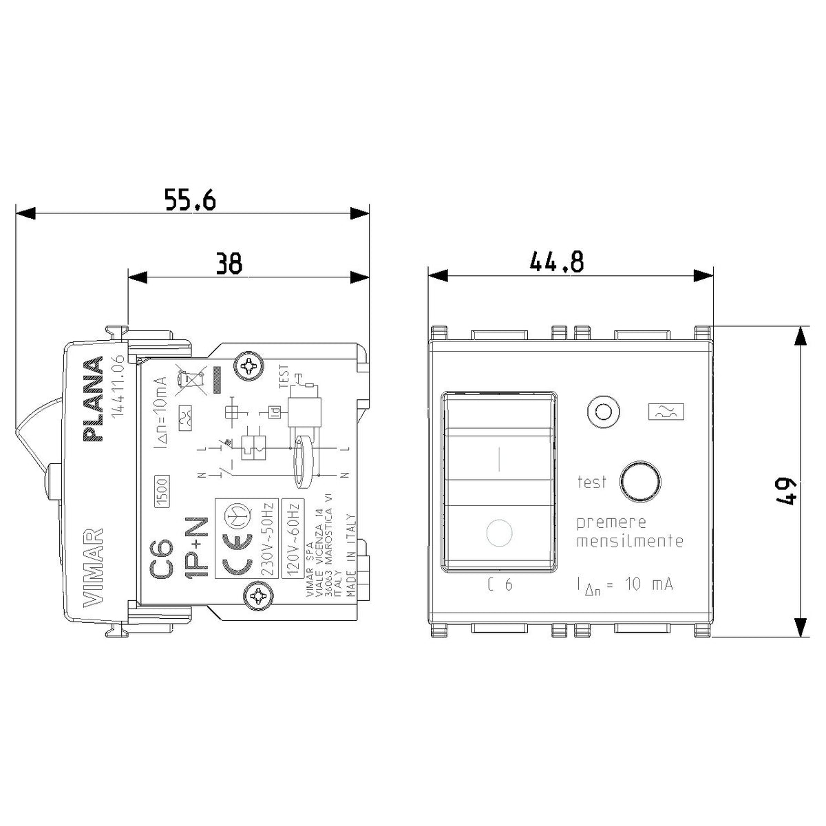 Vimar Plana 1P+N RCBO Breaker, 120-230V, IP40, Built-In, 2 Modules — Quality Boat Parts