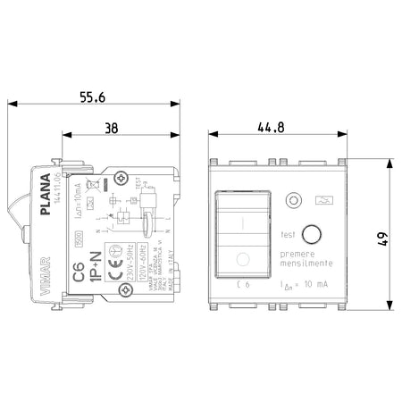 Vimar Plana 1P+N RCBO Breaker, 120-230V, IP40, Built-In, 2 Modules — Quality Boat Parts