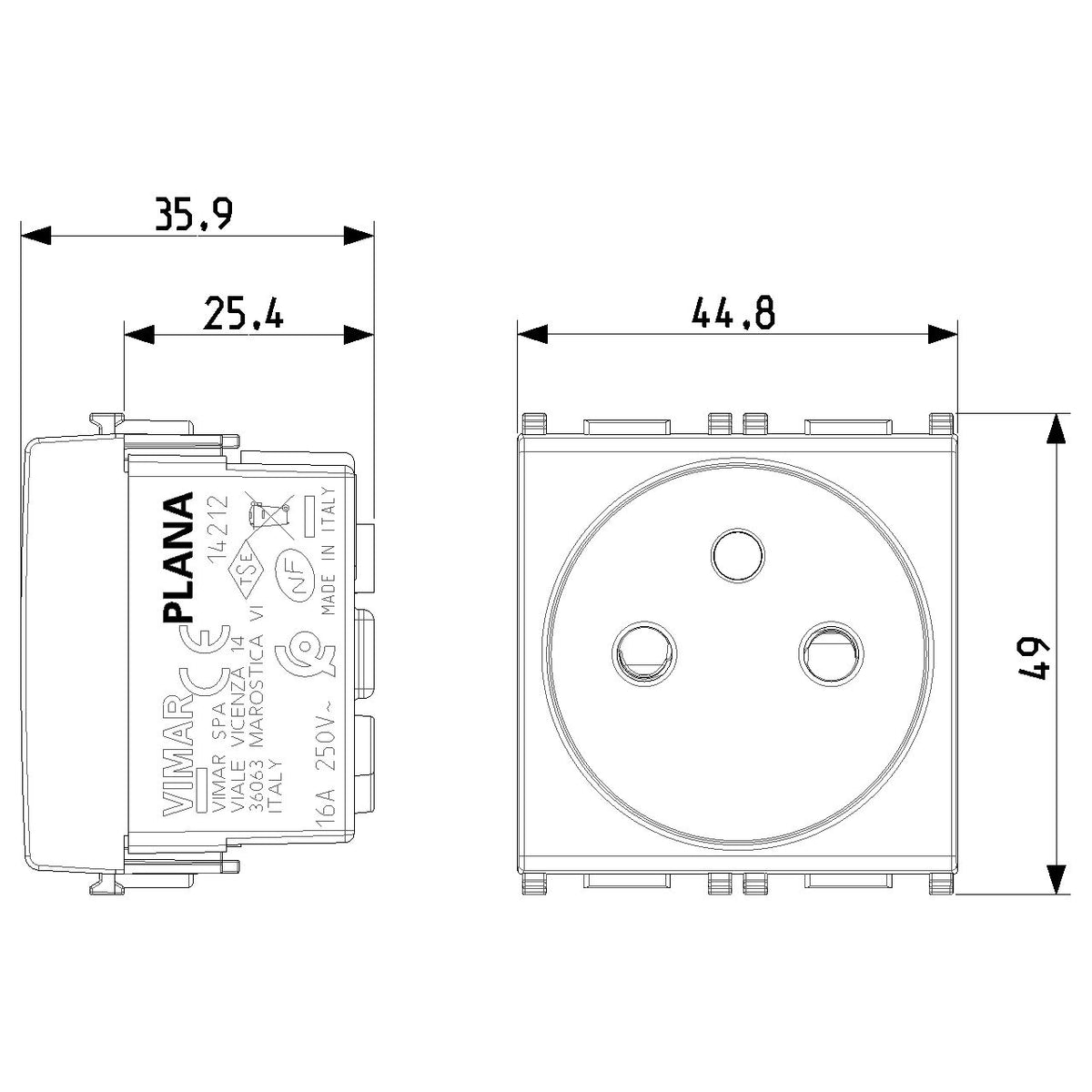 Vimar Plana 2P+E French SICURY Socket Outlet, 16A, 250V, IP20 — Quality Boat Parts