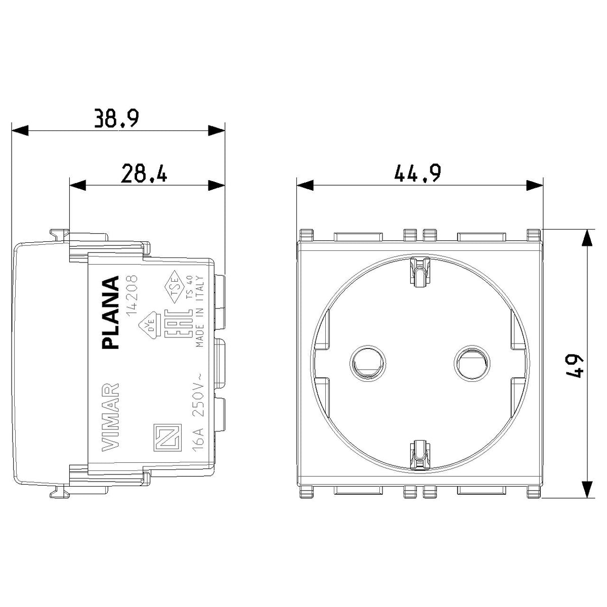 Vimar Plana 2P+E German SICURY Socket Outlet, 16A, 250V, IP20 — Quality Boat Parts