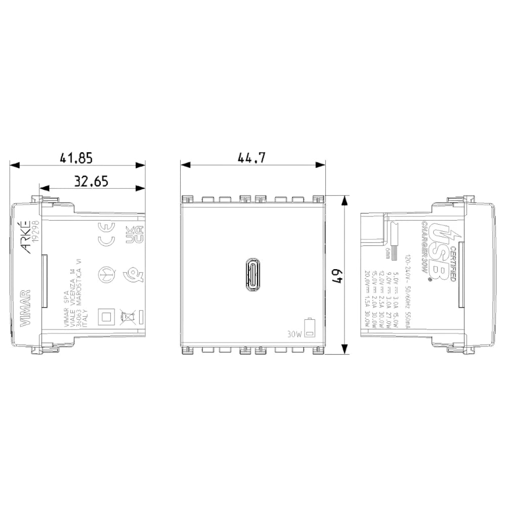 Vimar ARKÉ USB-C Supply Unit, 2 Modules, Power Delivery, 120-240V, Flush Mount — Quality Boat Parts