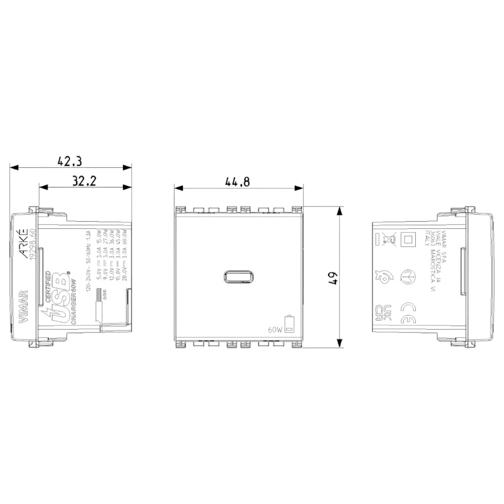 Vimar ARKÉ USB-C Supply Unit, 2 Modules, Power Delivery, 120-240V, Flush Mount — Quality Boat Parts