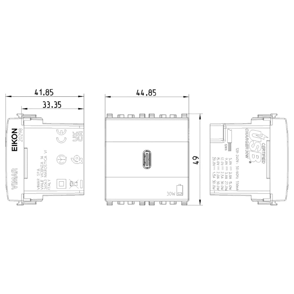Vimar EIKON 2-Module USB-C Supply Unit, 120-240V, USB Power Delivery, Flush-Mounted, 1 USB-C Port — Quality Boat Parts