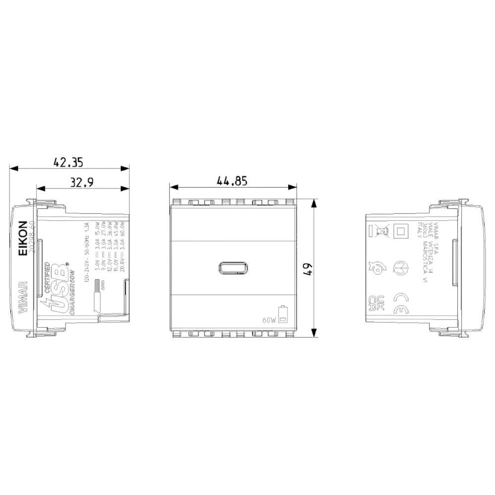 Vimar EIKON 2-Module USB-C Supply Unit, 120-240V, USB Power Delivery, Flush-Mounted, 1 USB-C Port — Quality Boat Parts