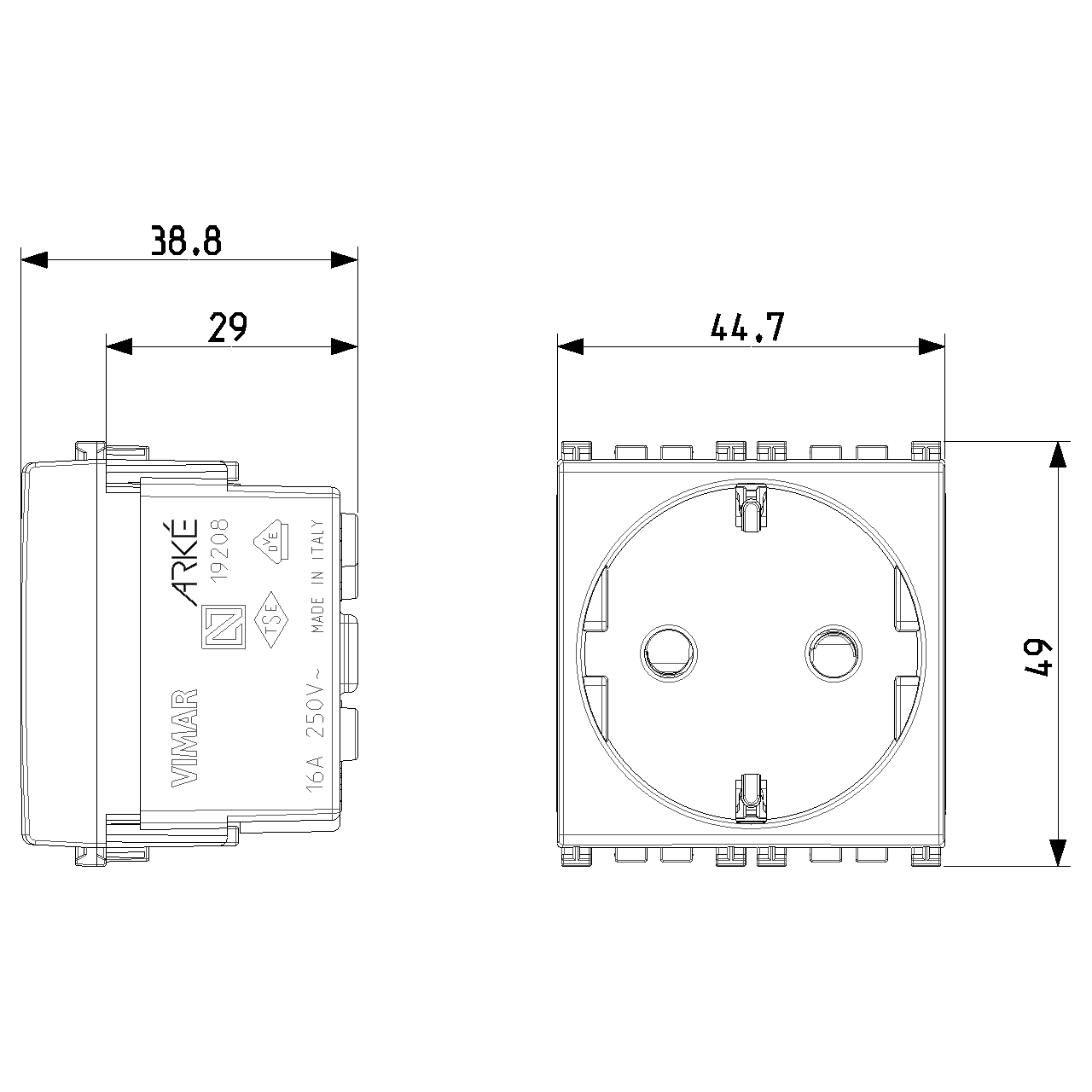 Vimar Arké 19208 SICURY SCHUKO Socket Outlet, 16A 250V, 2-Module, IP20 — Quality Boat Parts
