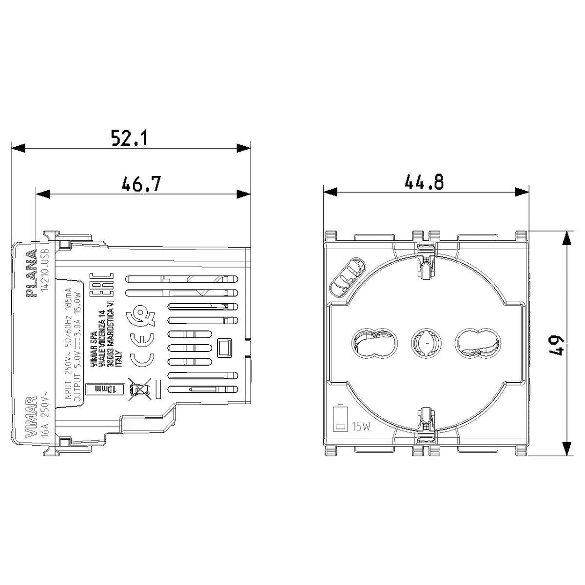 Vimar Plana 2P+E Universal Socket Outlet, 16A, 250V, IP20, Flush Mount — Quality Boat Parts