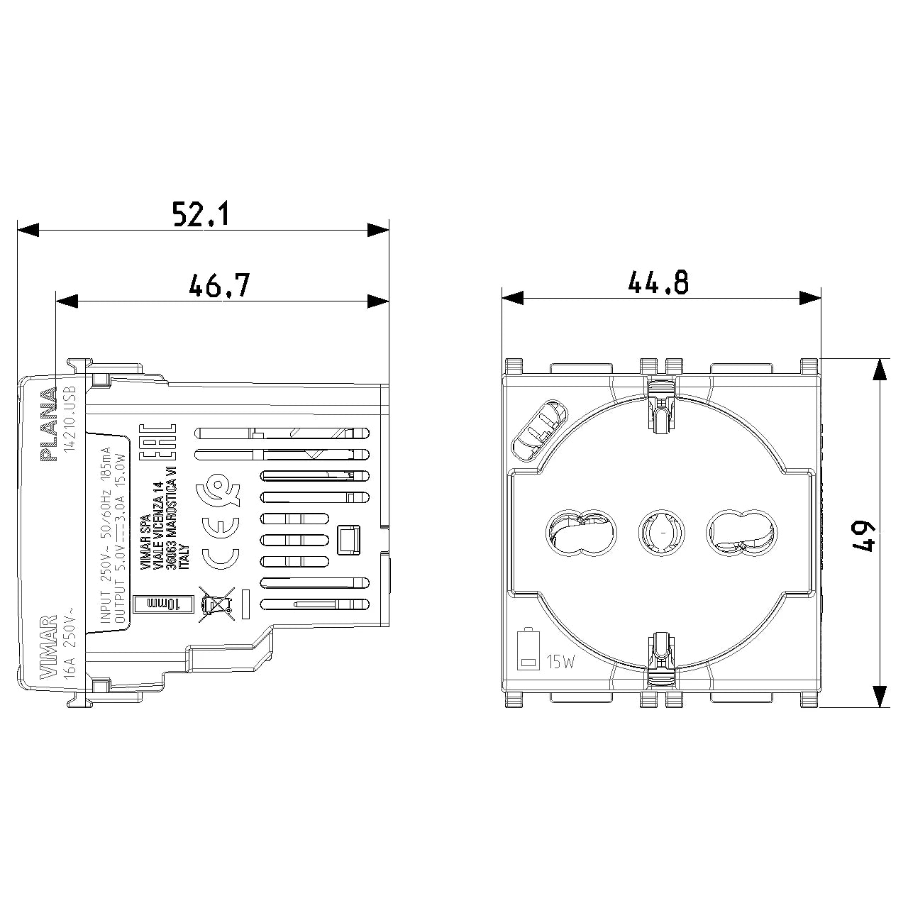 Vimar Plana 2P+E Universal Socket Outlet, 16A, 250V, IP20, Flush Mount — Quality Boat Parts