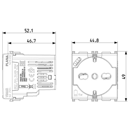 Vimar Plana 2P+E Universal Socket Outlet, 16A, 250V, IP20, Flush Mount — Quality Boat Parts