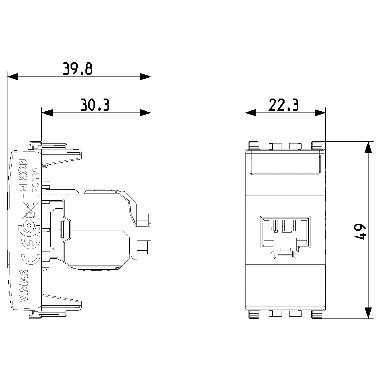 Vimar EIKON RJ45 Netsafe Outlet, T568A/B, Insulation-Piercing Terminals — Quality Boat Parts