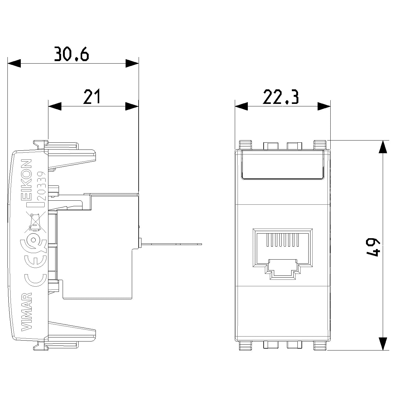 Vimar EIKON RJ45 Netsafe Outlet, T568A/B, Insulation-Piercing Terminals — Quality Boat Parts