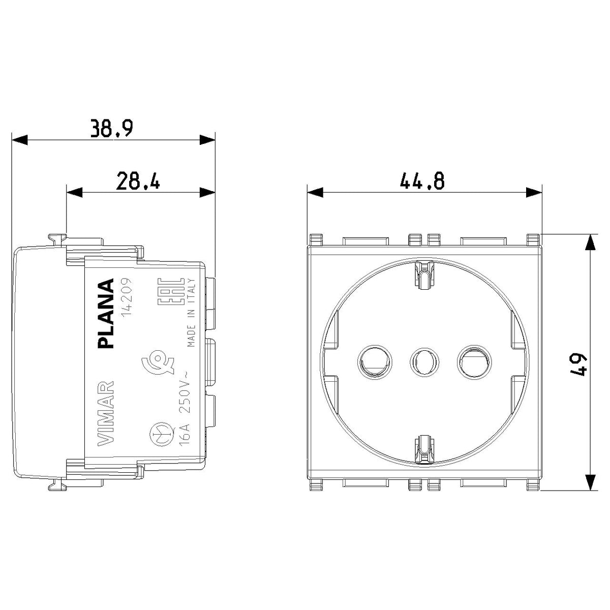 Vimar Plana 2P+E P30 Socket Outlet, 16A, 250V, Flush-Mounted, IP20 — Quality Boat Parts