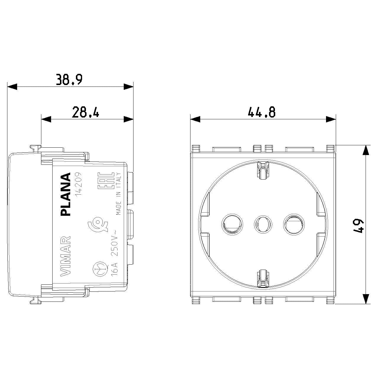 Vimar Plana 2P+E P30 Socket Outlet, 16A, 250V, Flush-Mounted, IP20 — Quality Boat Parts