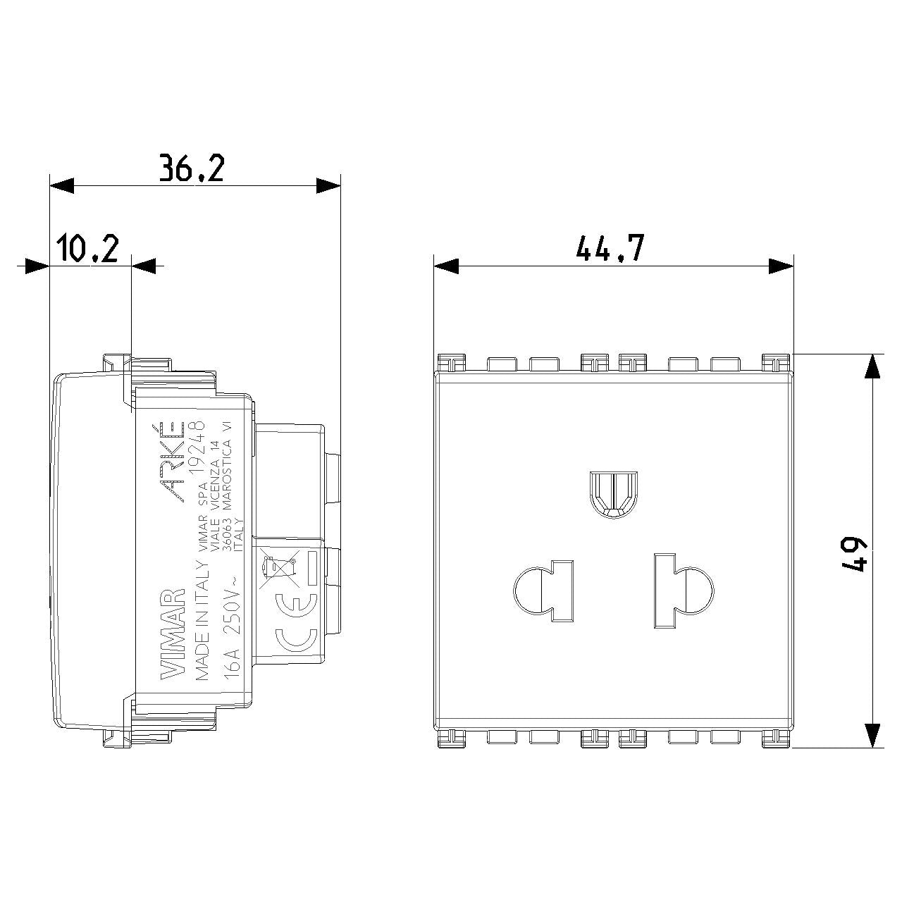 Vimar ARKÉ 2P+E USA+EU SICURY Socket Outlet, 2 Modules, 16A 250V, Flush-Mounted, Screw Terminal, IP20 — Quality Boat Parts