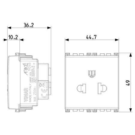 Vimar ARKÉ 2P+E USA+EU SICURY Socket Outlet, 2 Modules, 16A 250V, Flush-Mounted, Screw Terminal, IP20 — Quality Boat Parts