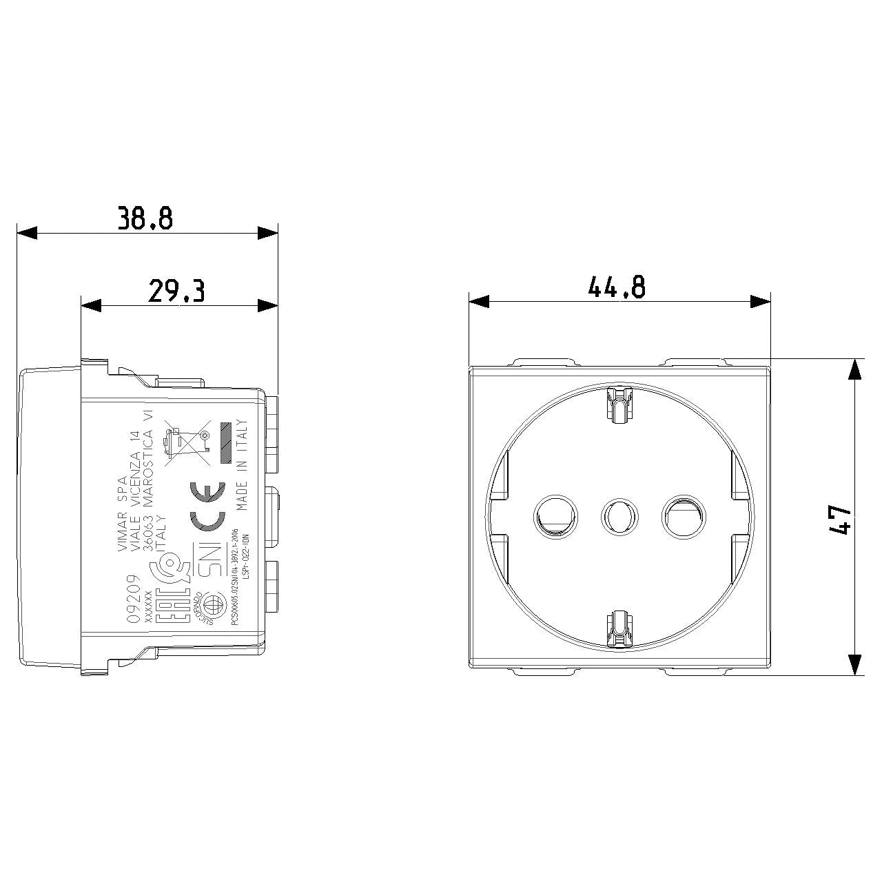 Vimar Neve Up 2P+E 16A P30 SICURY Socket Outlet, 250V, 2 Modules, Flush Mount — Quality Boat Parts