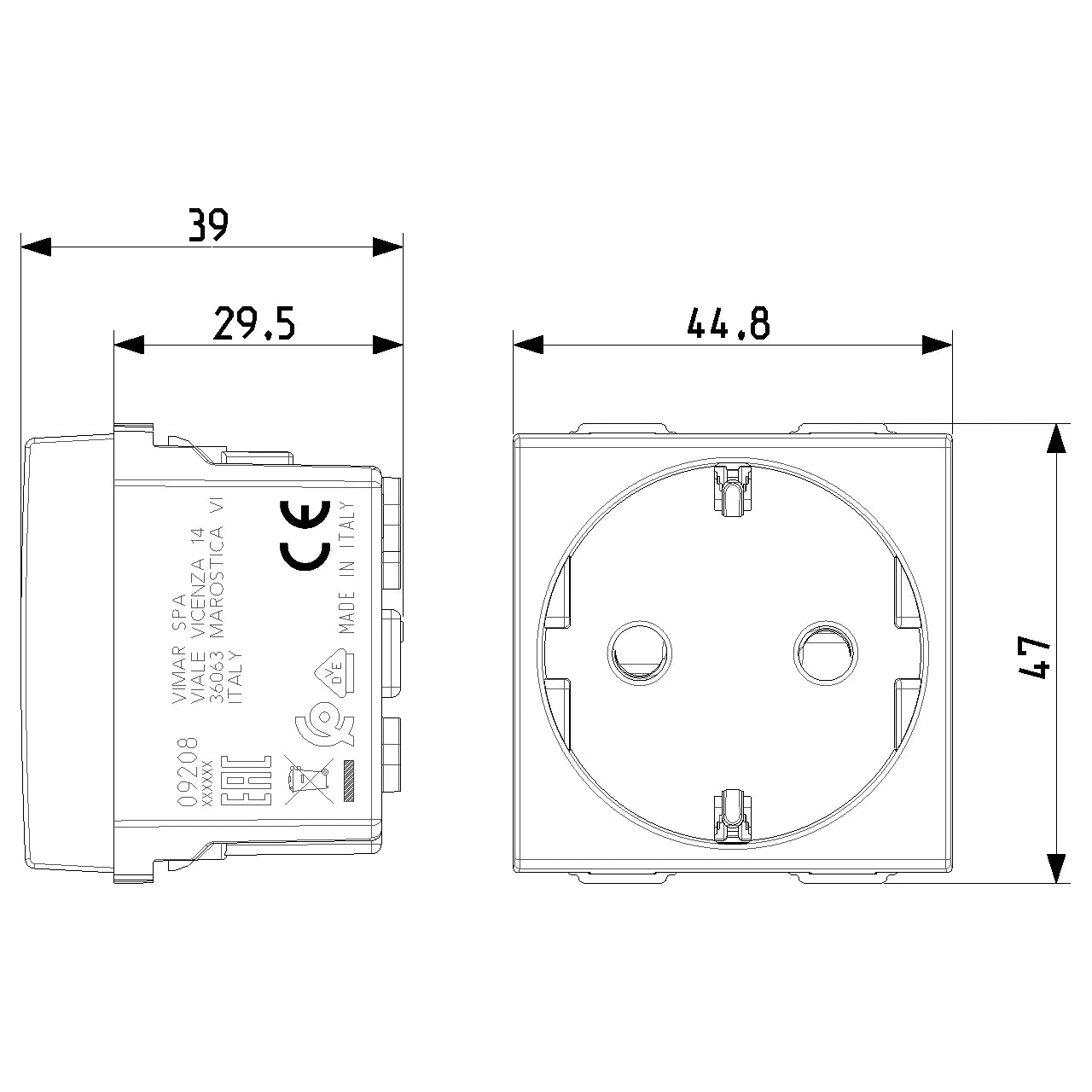Vimar Neve Up German Standard SICURY Socket Outlet, 2P+E, 16A, 250V, 2 Modules — Quality Boat Parts