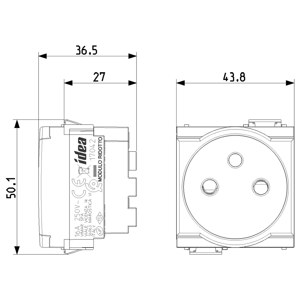 Vimar Idea SICURY French Standard Socket Outlet, 2P+E, 16A 250V, IP20, 2-Module, Flush Mount, Screw Terminal, Enhanced Contact Protection — Quality Boat Parts