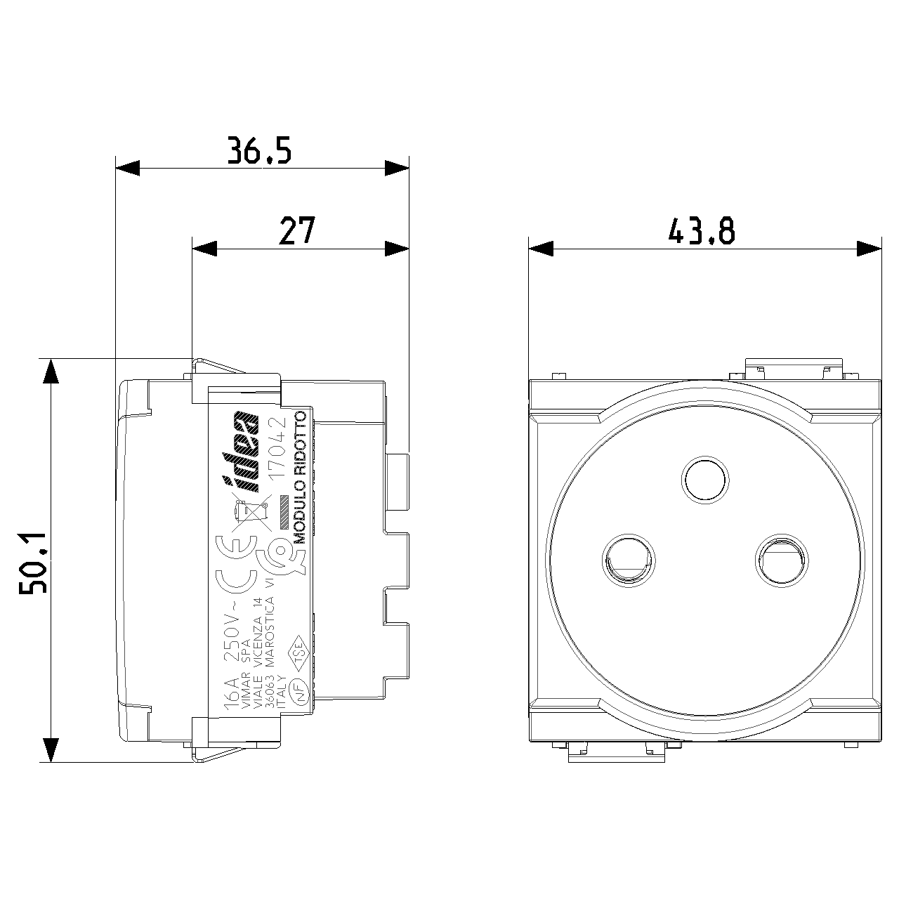 Vimar Idea SICURY French Standard Socket Outlet, 2P+E, 16A 250V, IP20, 2-Module, Flush Mount, Screw Terminal, Enhanced Contact Protection — Quality Boat Parts
