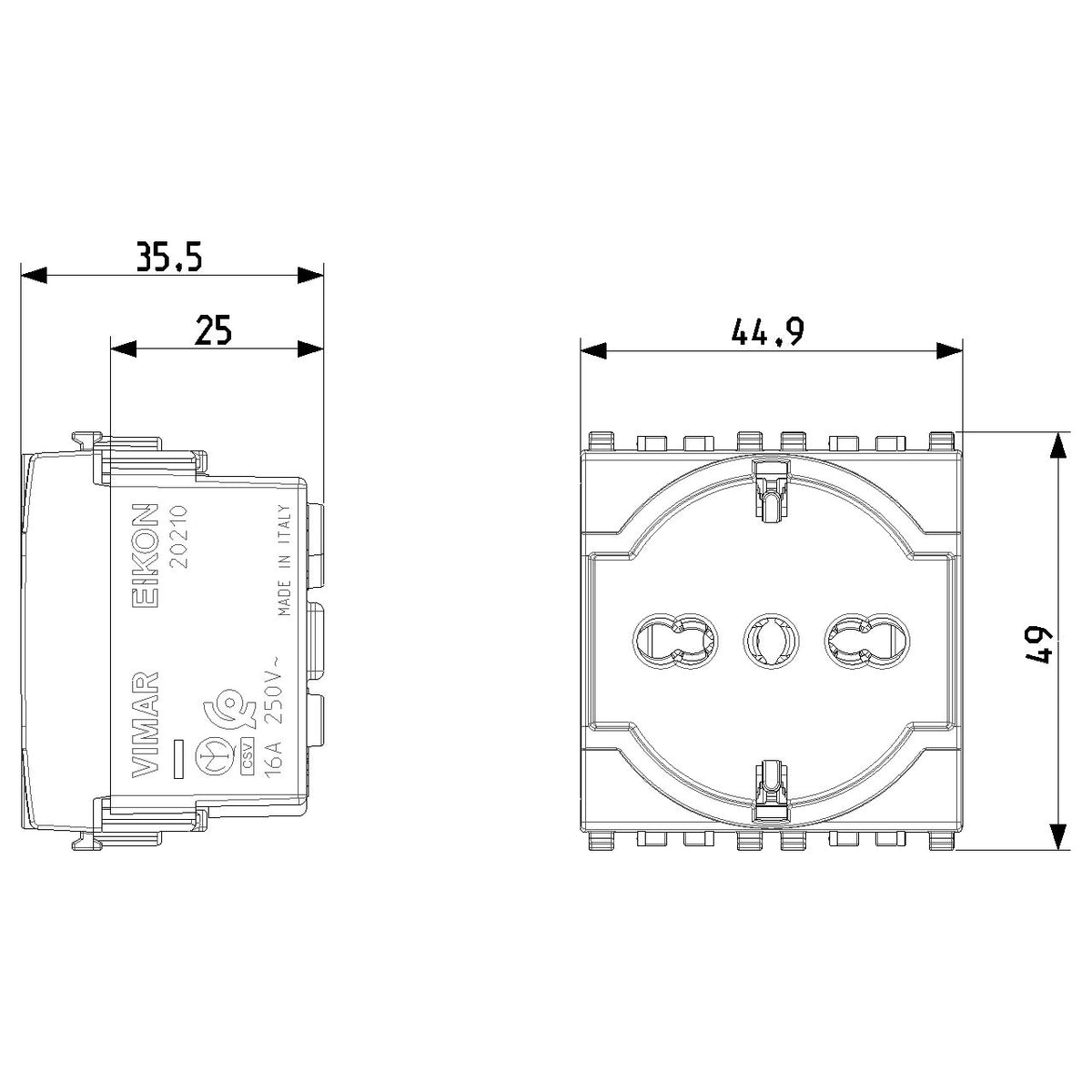 Vimar Eikon SICURY Universal Socket Outlet, 2P+E 16A 250V, Italian P40, 2 Module — Quality Boat Parts