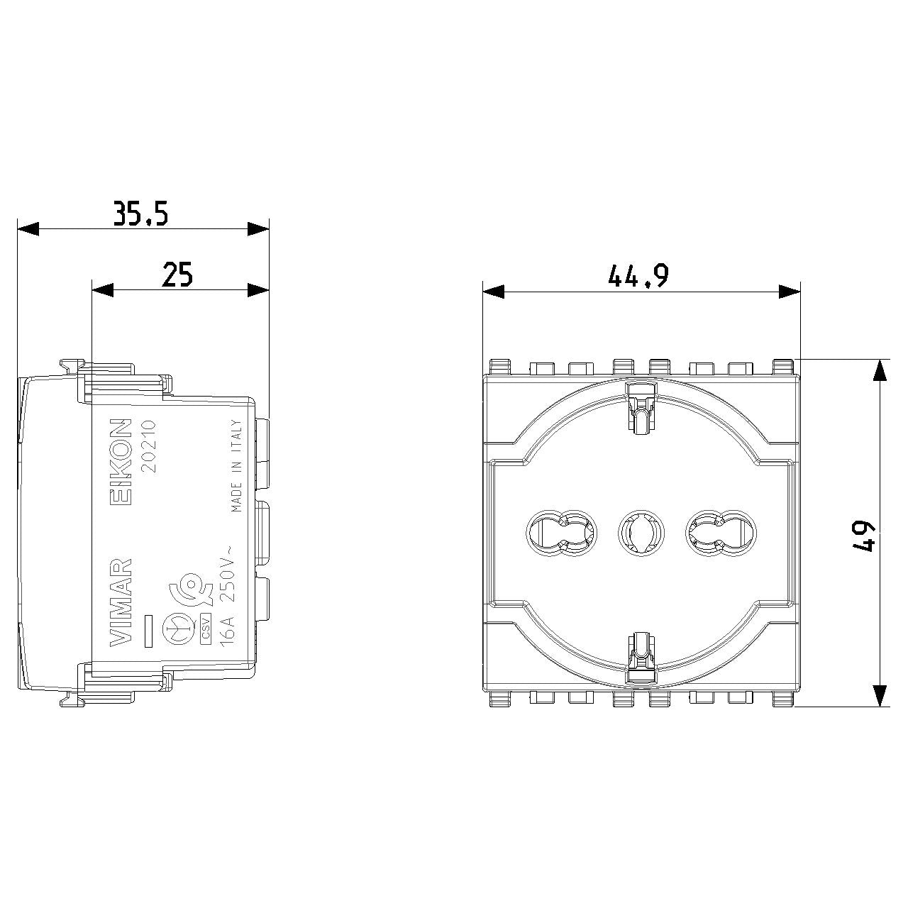 Vimar Eikon SICURY Universal Socket Outlet, 2P+E 16A 250V, Italian P40, 2 Module — Quality Boat Parts