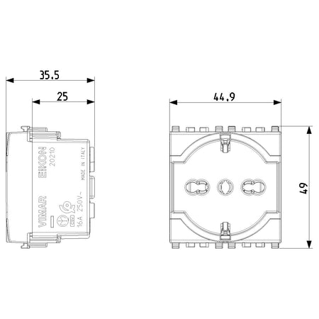 Vimar Eikon SICURY Universal Socket Outlet, 2P+E 16A 250V, Italian P40, 2 Module — Quality Boat Parts