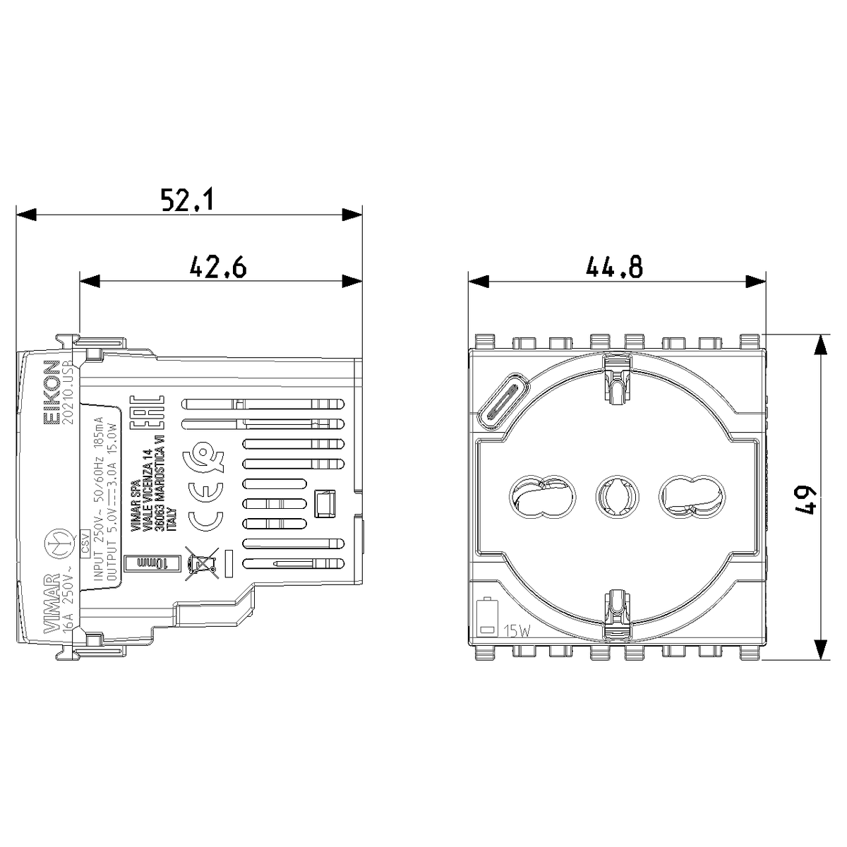 Vimar Eikon SICURY Universal Socket Outlet, 2P+E 16A 250V, Italian P40, 2 Module — Quality Boat Parts