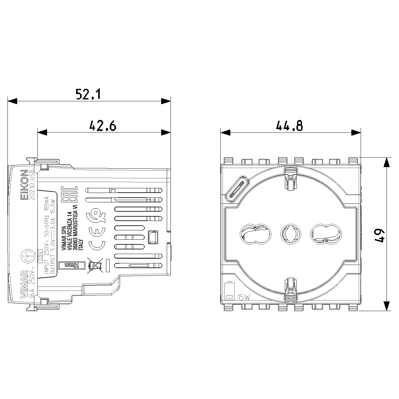 Vimar Eikon SICURY Universal Socket Outlet, 2P+E 16A 250V, Italian P40, 2 Module — Quality Boat Parts