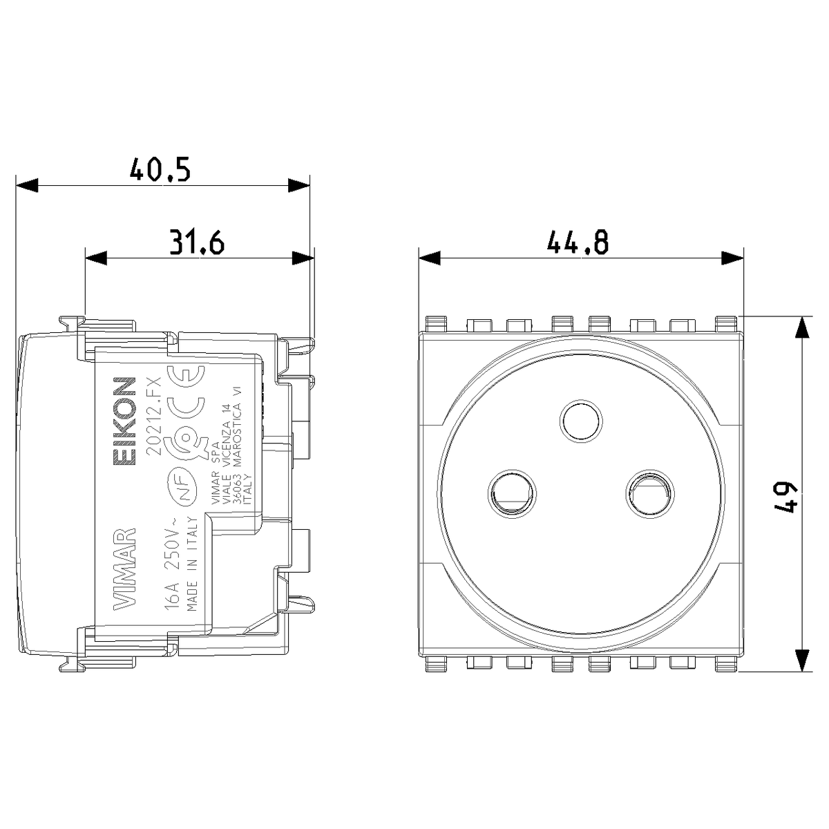 Vimar Eikon SICURY French Standard Socket Outlet, 2P+E 16A 250V, 2-Module — Quality Boat Parts