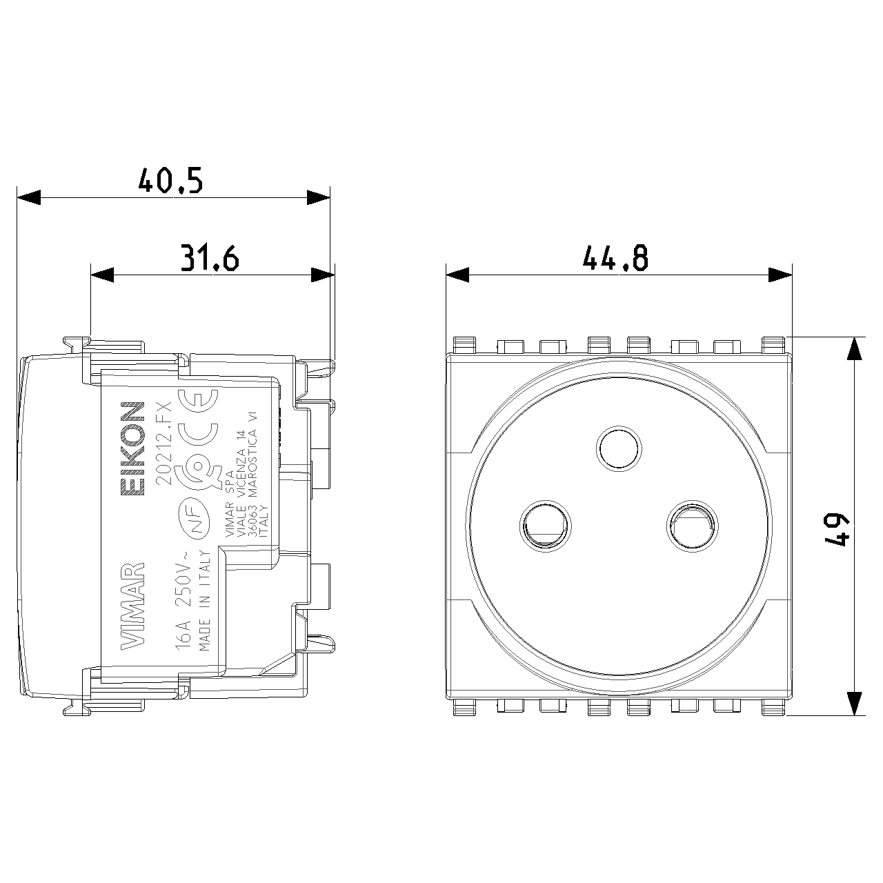 Vimar Eikon SICURY French Standard Socket Outlet, 2P+E 16A 250V, 2-Module — Quality Boat Parts