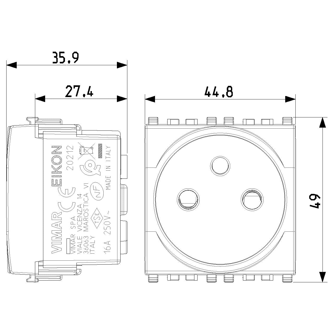 Vimar Eikon SICURY French Standard Socket Outlet, 2P+E 16A 250V, 2-Module — Quality Boat Parts