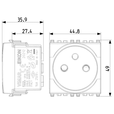 Vimar Eikon SICURY French Standard Socket Outlet, 2P+E 16A 250V, 2-Module — Quality Boat Parts