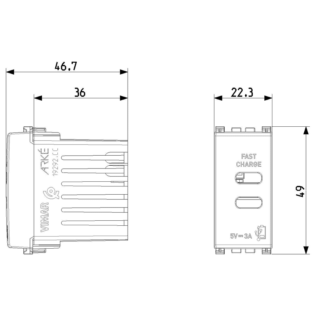 Vimar Arké USB Charging Outlet, 120-240V AC, 1 Module — Quality Boat Parts