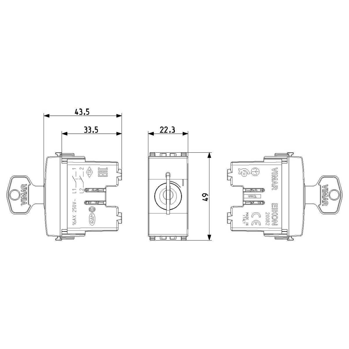 Vimar Eikon 20082 2-Pole Key-Operated 1-Way Switch, 16AX 250V, Key Removable Only in OFF, IP40, Screw Terminals — Quality Boat Parts