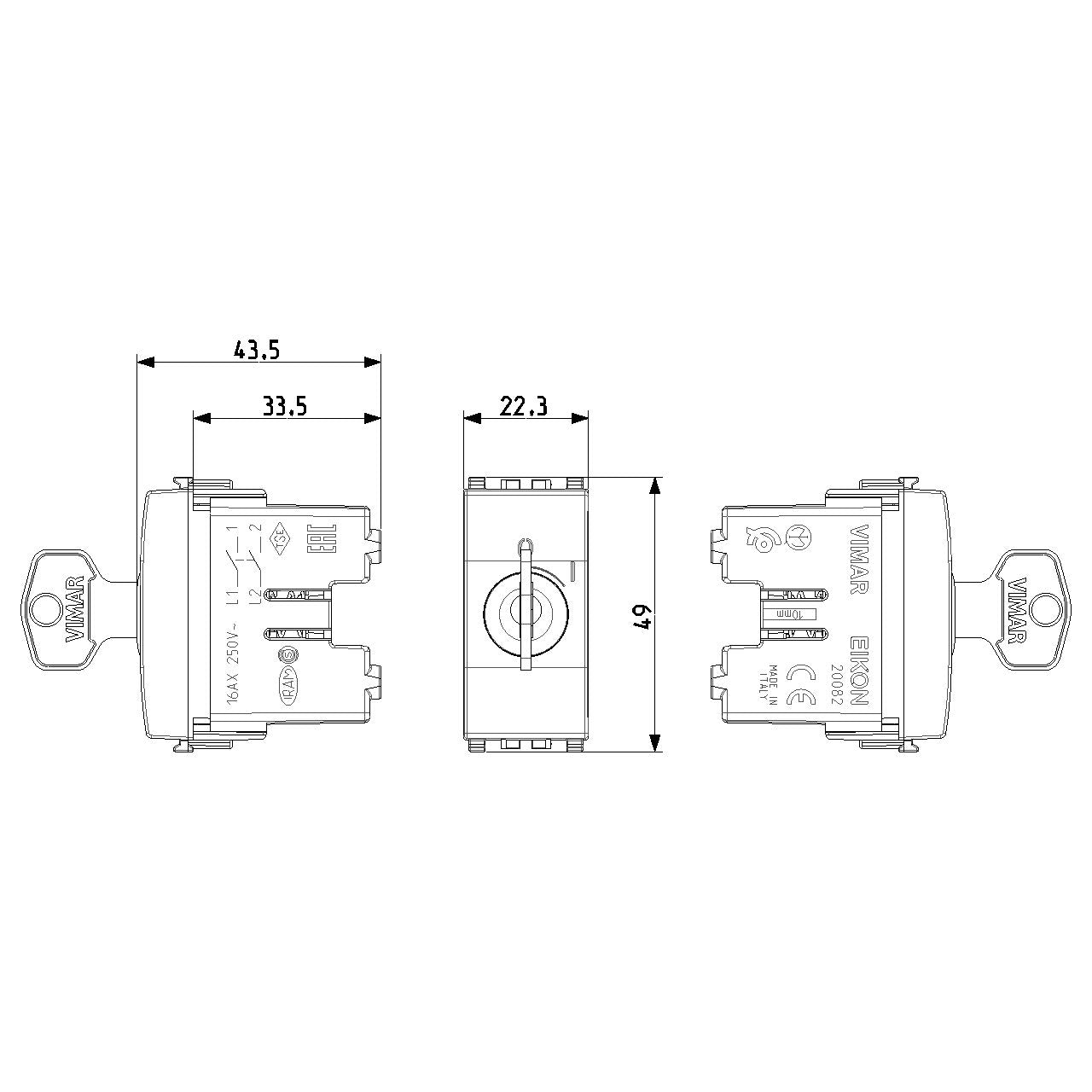 Vimar Eikon 20082 2-Pole Key-Operated 1-Way Switch, 16AX 250V, Key Removable Only in OFF, IP40, Screw Terminals — Quality Boat Parts