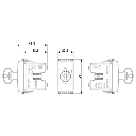 Vimar Eikon 20082 2-Pole Key-Operated 1-Way Switch, 16AX 250V, Key Removable Only in OFF, IP40, Screw Terminals — Quality Boat Parts