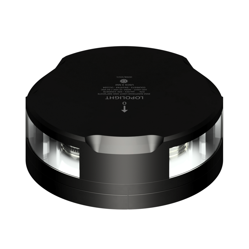 Lopolight 201-021 Masthead/Stern/Anchor LED Navigation Light, For 12-20m Vessels, 3NM, 225° Masthead/135° Stern/360° Anchor, White Light, Horizontal Mount, 10-32VDC, IP68, Flat Base, 6m Cable — Quality Boat Parts