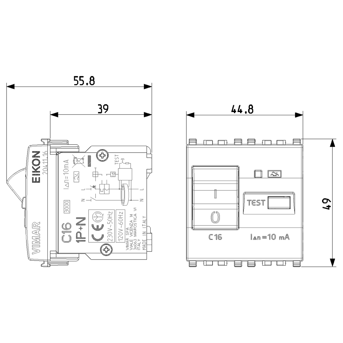 Vimar Eikon RCBO Circuit Breaker, 1P+N, 120-230V, 50/60 Hz, Type A RCD, IP40, 2 Modules — Quality Boat Parts