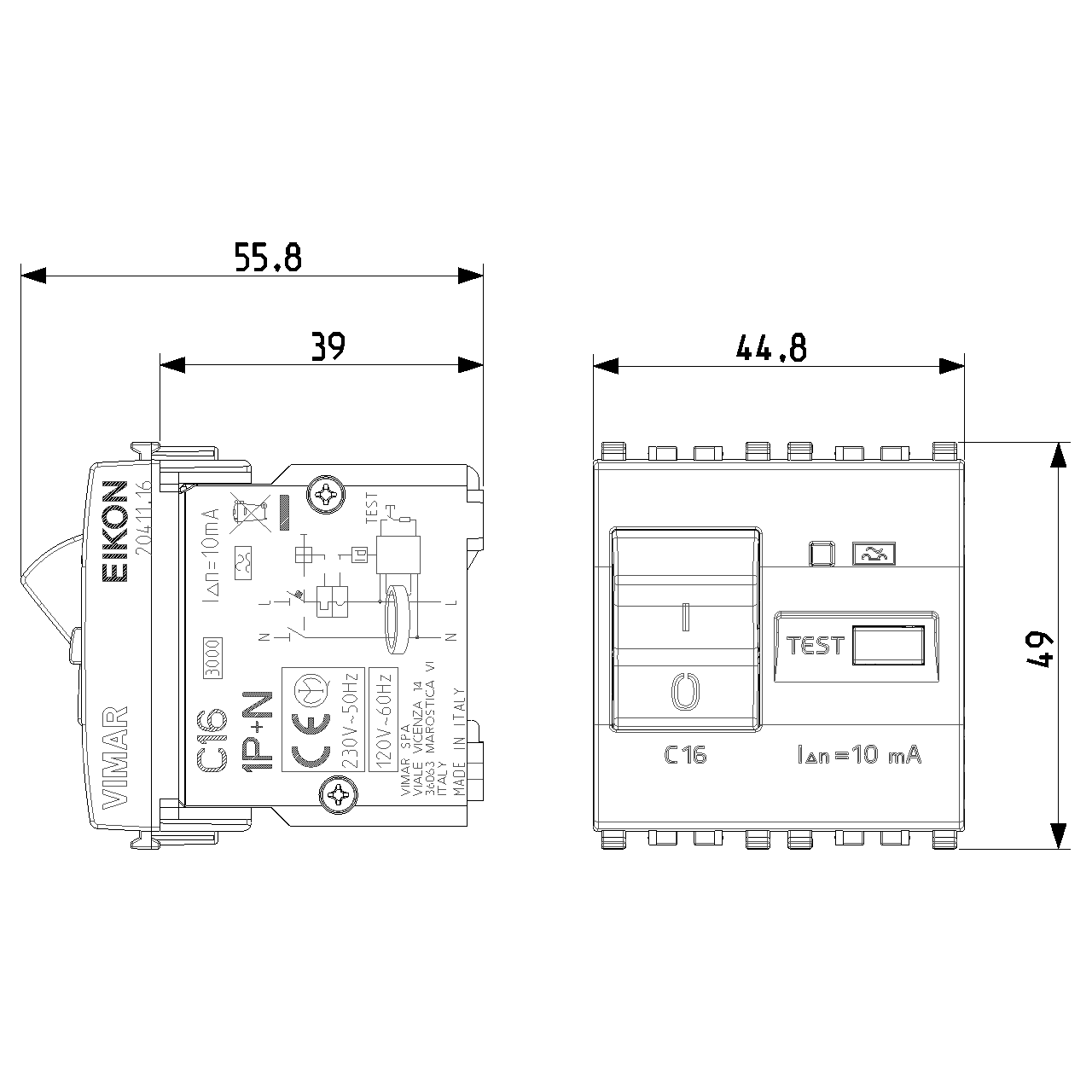Vimar Eikon RCBO Circuit Breaker, 1P+N, 120-230V, 50/60 Hz, Type A RCD, IP40, 2 Modules — Quality Boat Parts