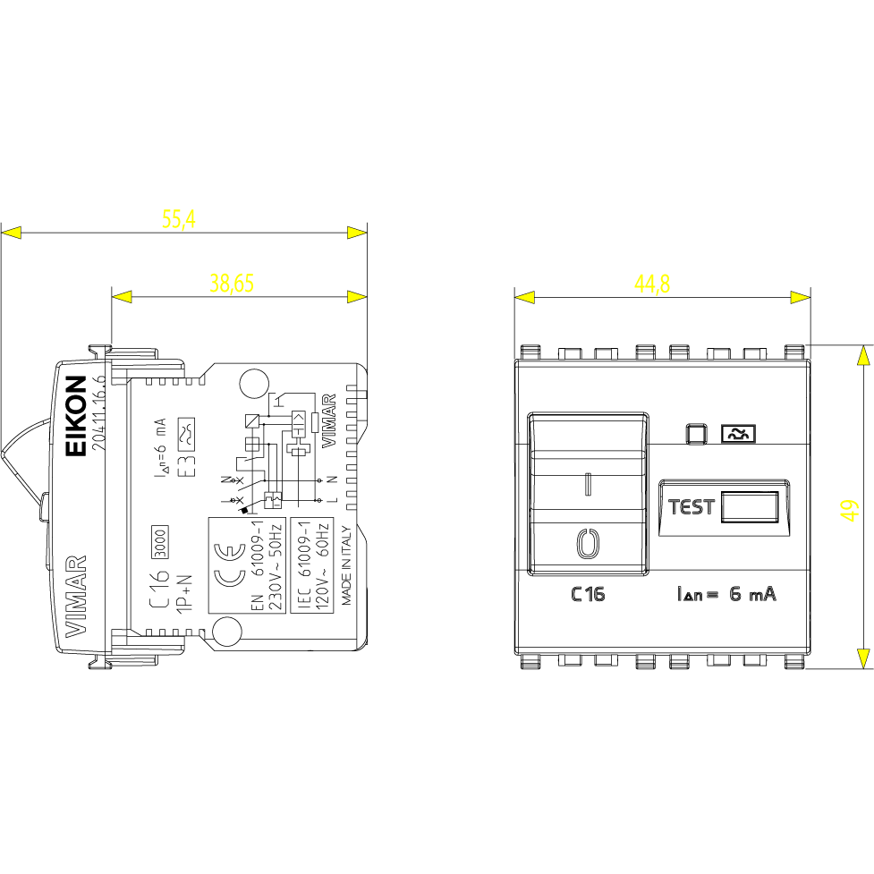Vimar Eikon RCBO Circuit Breaker, 1P+N, 120-230V, 50/60 Hz, Type A RCD, IP40, 2 Modules — Quality Boat Parts