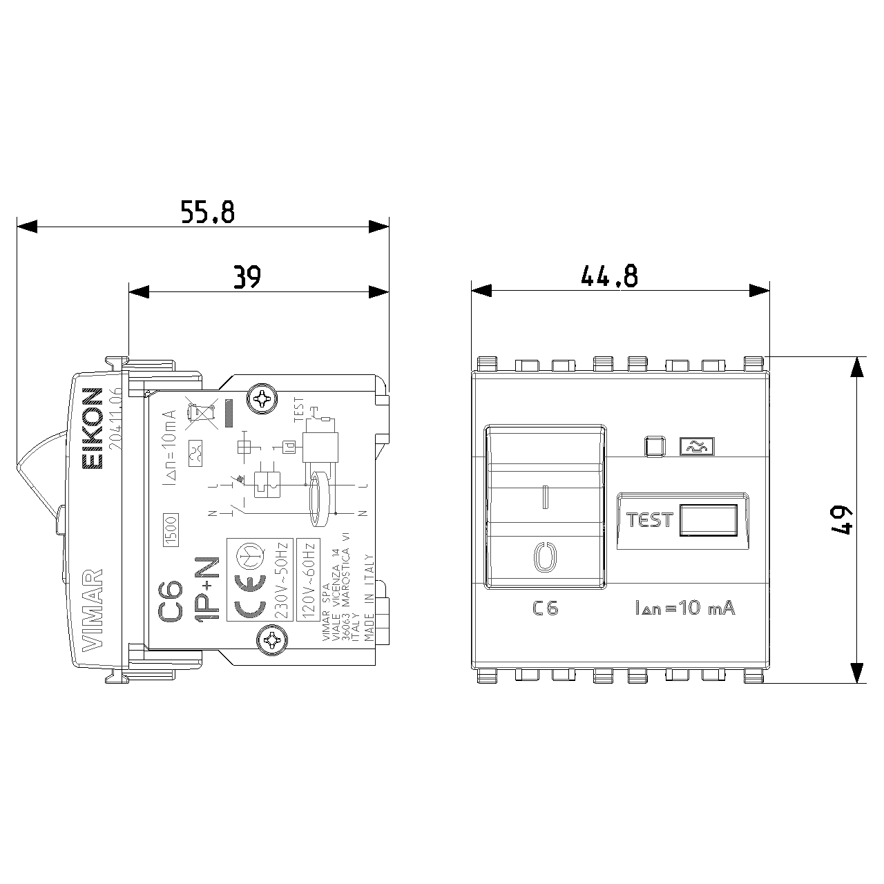 Vimar Eikon RCBO Circuit Breaker, 1P+N, 120-230V, 50/60 Hz, Type A RCD, IP40, 2 Modules — Quality Boat Parts