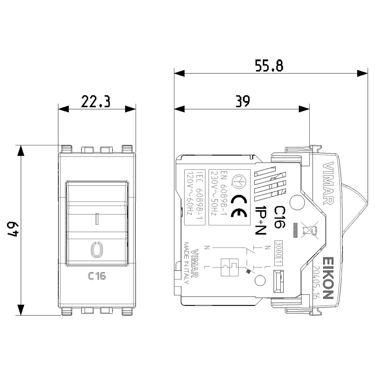 Vimar Eikon Miniature Circuit Breaker, 1P+N, C Curve, 120-230V AC, 50-60 Hz, IP40, 1 Module — Quality Boat Parts