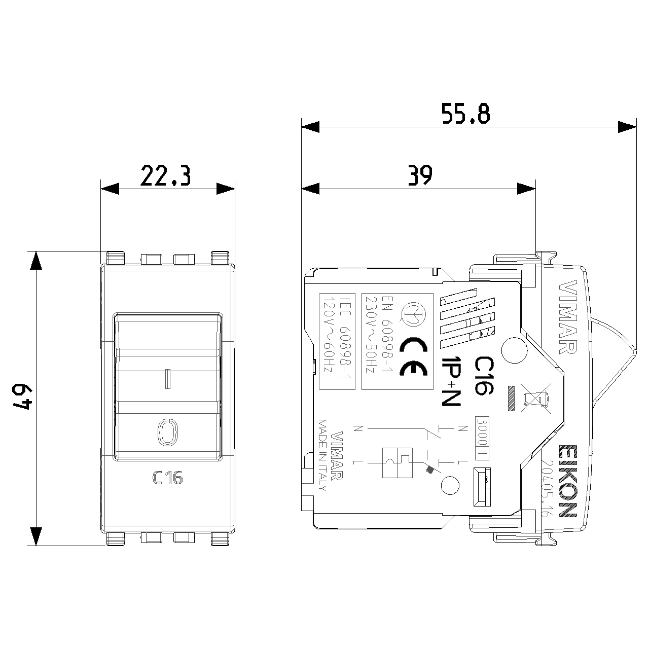 Vimar Eikon Miniature Circuit Breaker, 1P+N, C Curve, 120-230V AC, 50-60 Hz, IP40, 1 Module — Quality Boat Parts