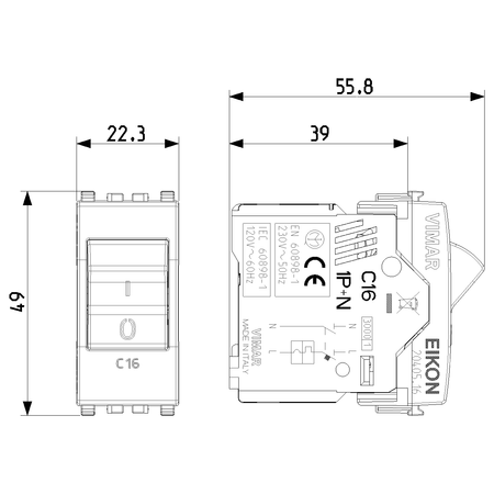 Vimar Eikon Miniature Circuit Breaker, 1P+N, C Curve, 120-230V AC, 50-60 Hz, IP40, 1 Module — Quality Boat Parts