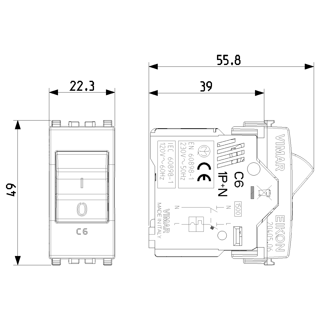 Vimar Eikon Miniature Circuit Breaker, 1P+N, C Curve, 120-230V AC, 50-60 Hz, IP40, 1 Module — Quality Boat Parts