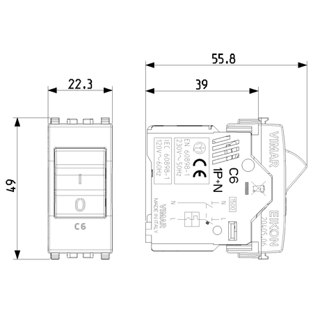 Vimar Eikon Miniature Circuit Breaker, 1P+N, C Curve, 120-230V AC, 50-60 Hz, IP40, 1 Module — Quality Boat Parts